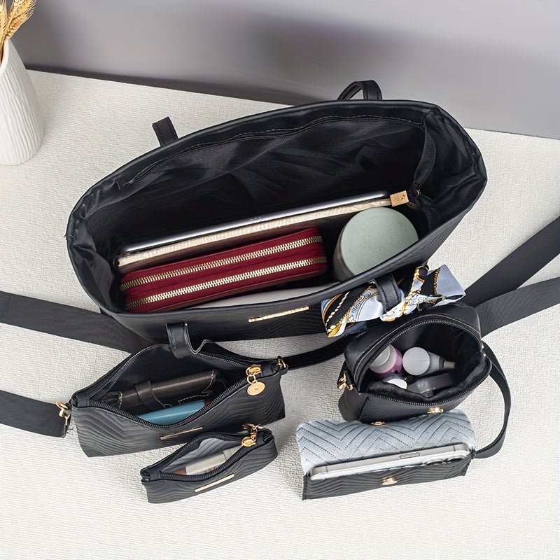 Amanda | Wave-Embroidered 5-Piece Bag Set with Scarf