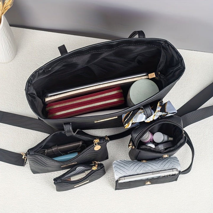 Amanda | Wave-Embroidered 5-Piece Bag Set with Scarf