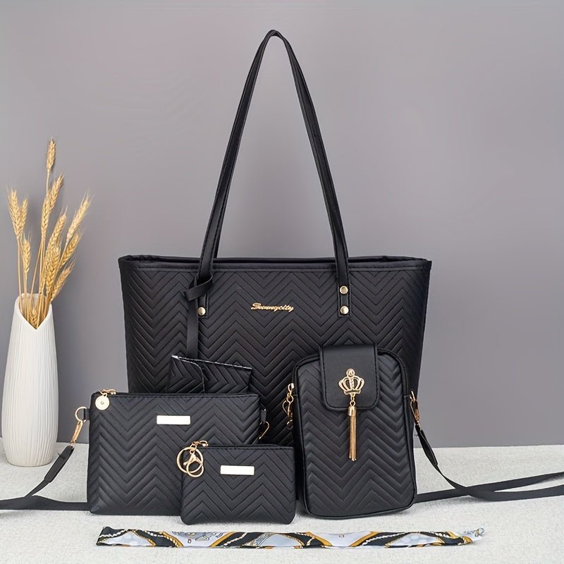 Amanda | Wave-Embroidered 5-Piece Bag Set with Scarf