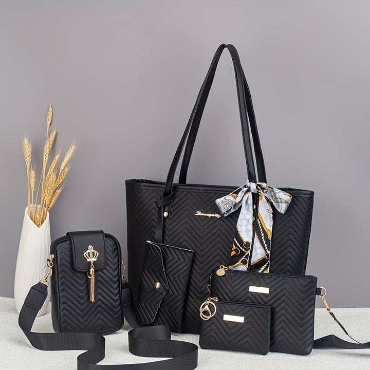 Amanda | Wave-Embroidered 5-Piece Bag Set with Scarf