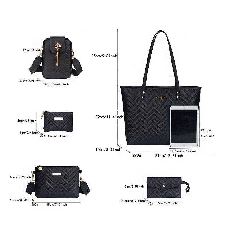 Amanda | Wave-Embroidered 5-Piece Bag Set with Scarf