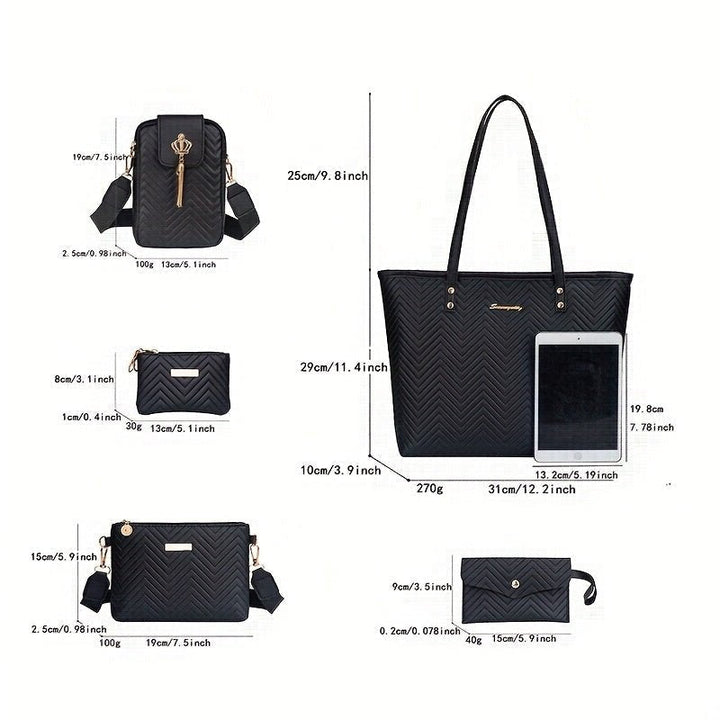 Amanda | Wave-Embroidered 5-Piece Bag Set with Scarf