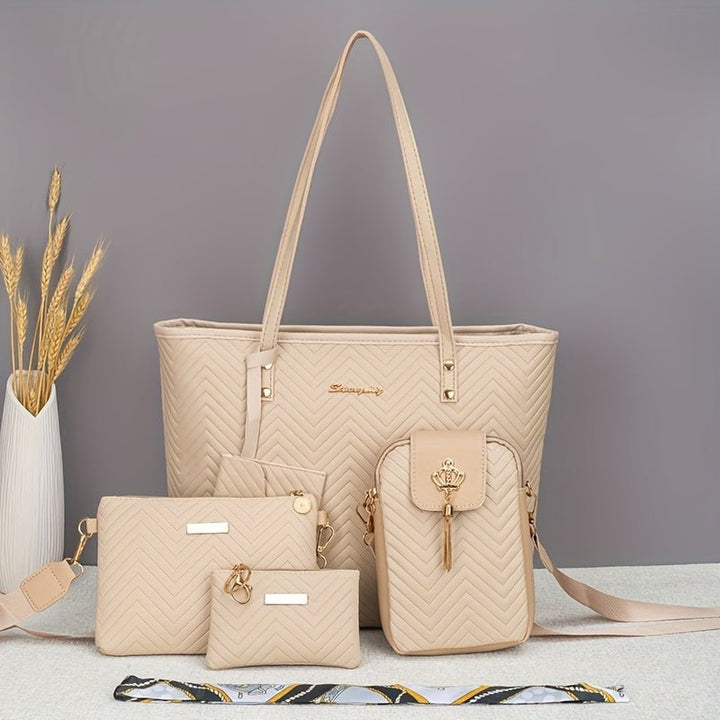 Amanda | Wave-Embroidered 5-Piece Bag Set with Scarf