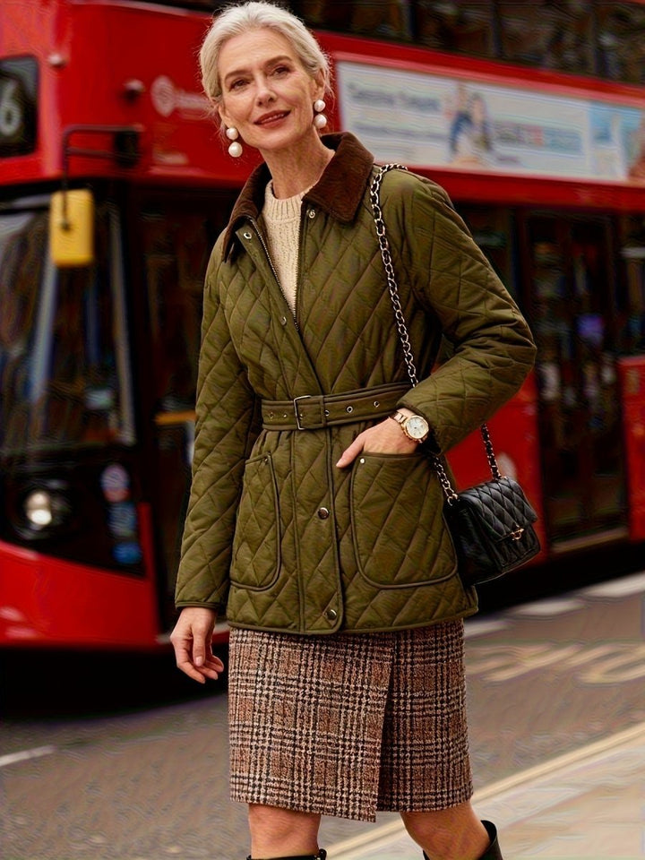 Avery Olive Green Quilted Jacket with Belt