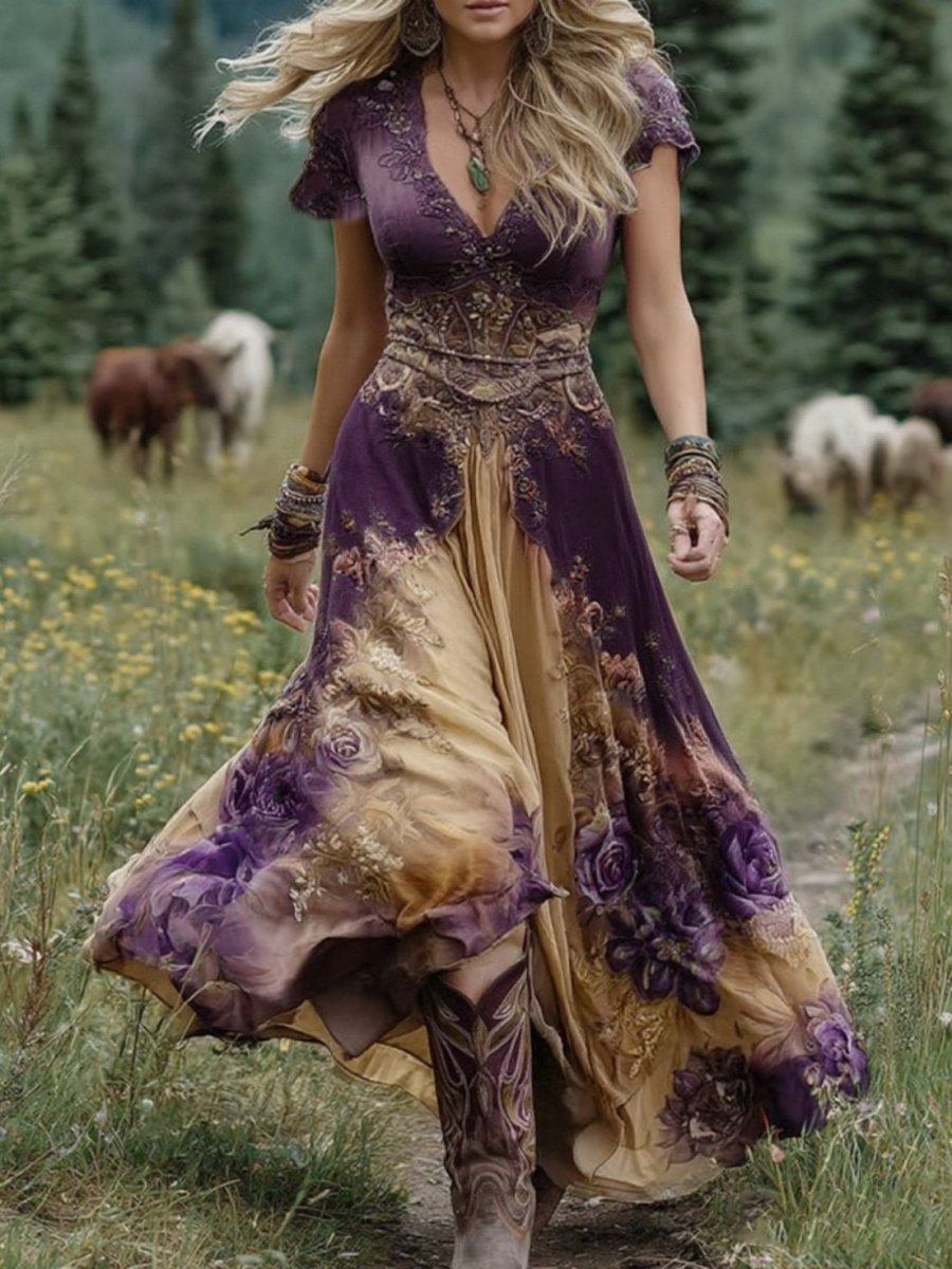 Classy Gradient Purple Lavender And Floral Printed Short Maxi Dress