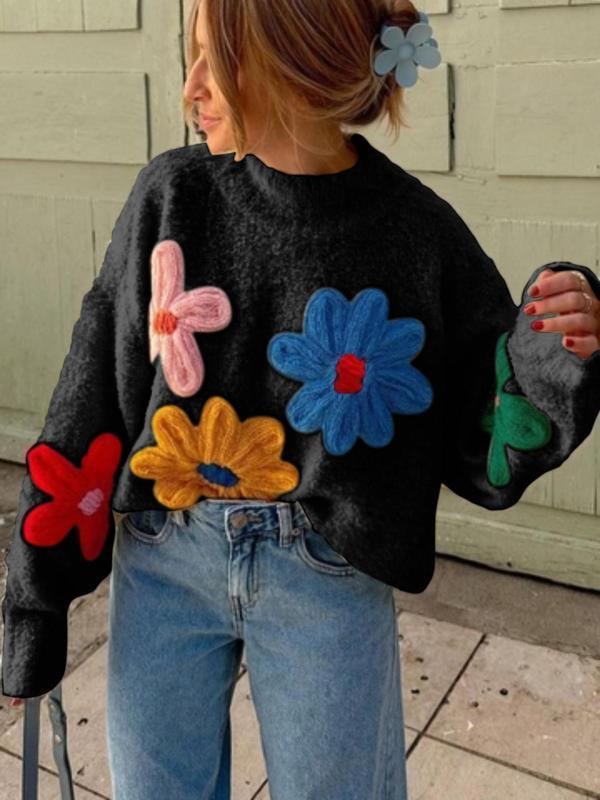 Floral Embroidered Drop Shoulder Sweater