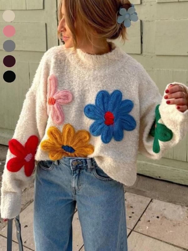 Floral Embroidered Drop Shoulder Sweater