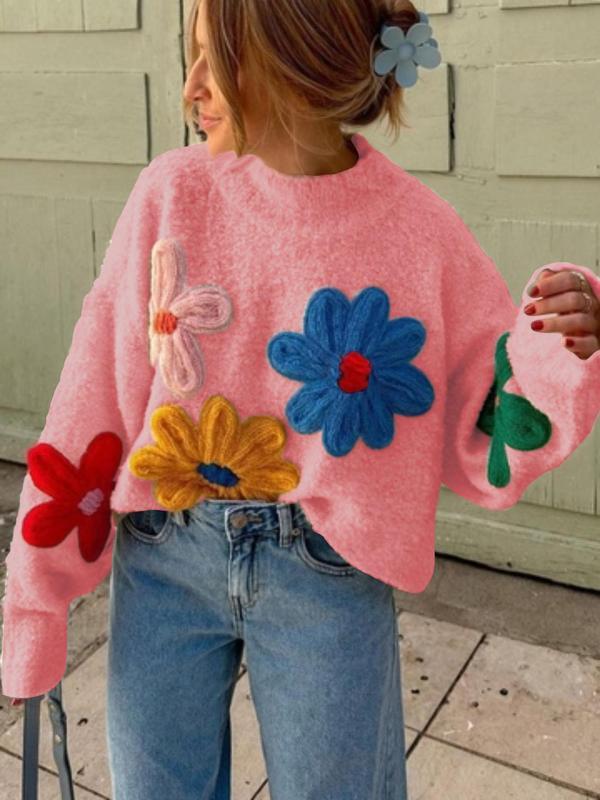 Floral Embroidered Drop Shoulder Sweater