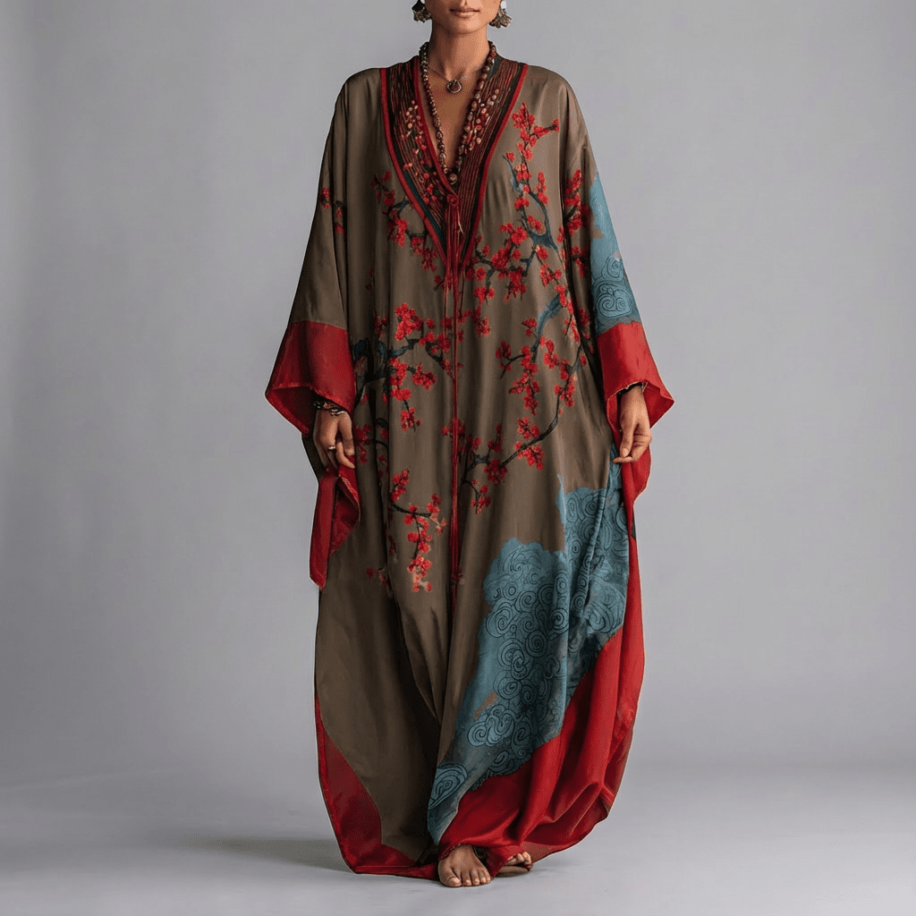 Japanese Plum Blossom Print Batwing Sleeve Maxi Dress