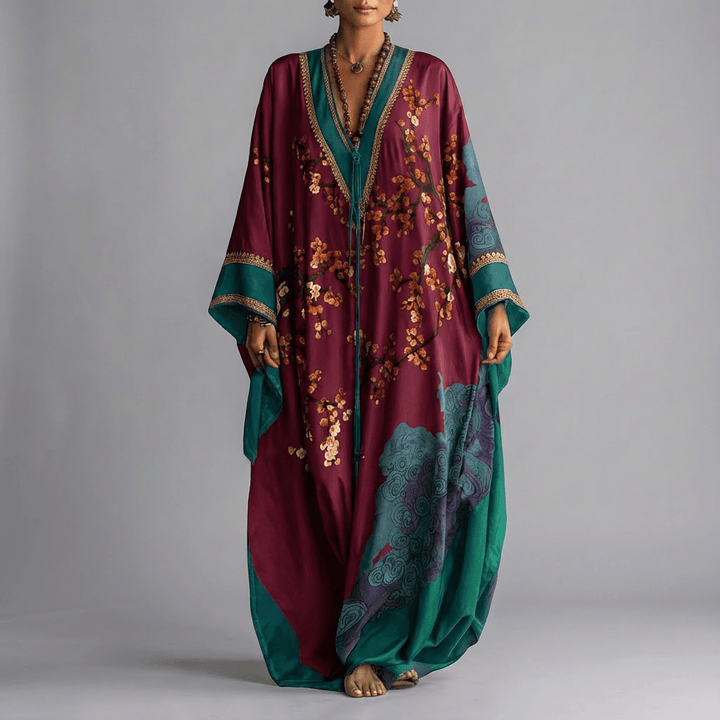 Japanese Plum Blossom Print Batwing Sleeve Maxi Dress