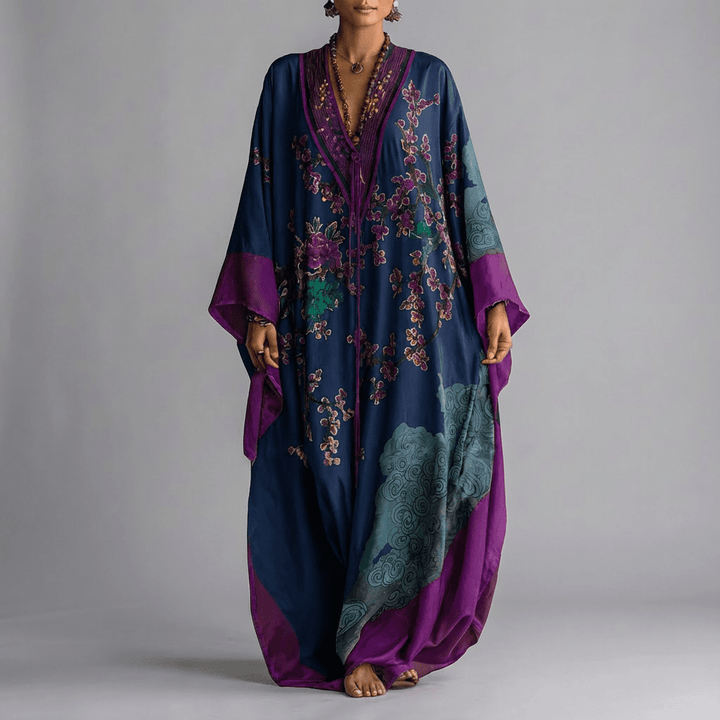 Japanese Plum Blossom Print Batwing Sleeve Maxi Dress