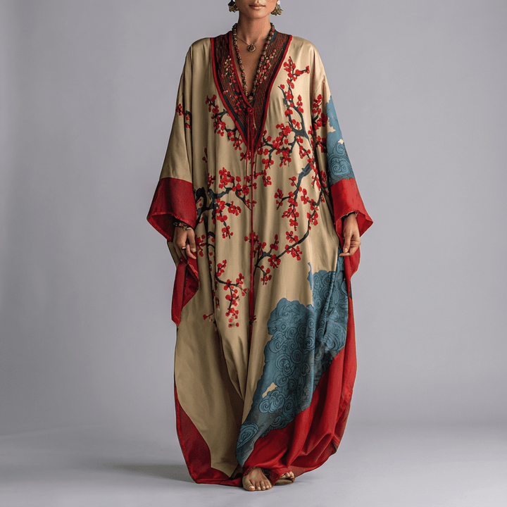 Japanese Plum Blossom Print Batwing Sleeve Maxi Dress