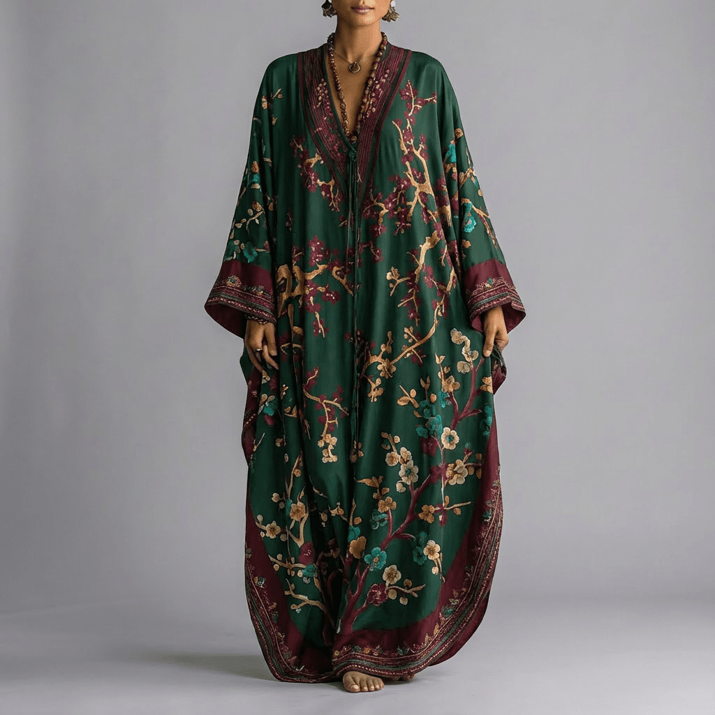 Japanese Plum Blossom Print Batwing Sleeve Maxi Dress